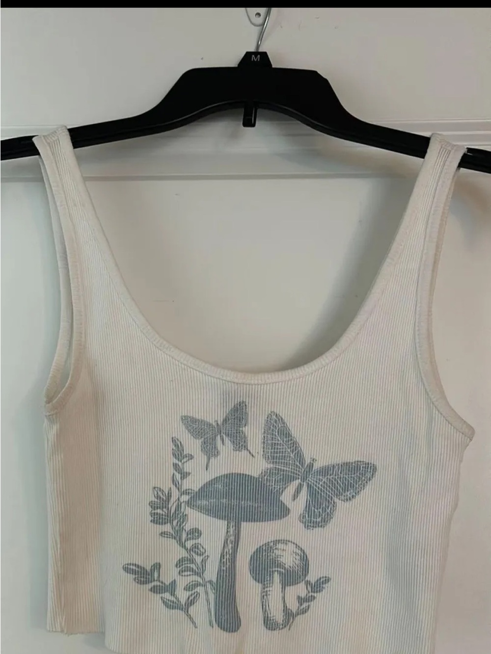 Garage White Ribbed Tank with Blue Butterfly & Mushroom Graphic